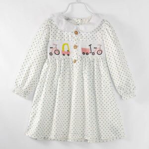 littleoneusa - Blue Polka dots Tricycle Toddler Girl Smocked Dress