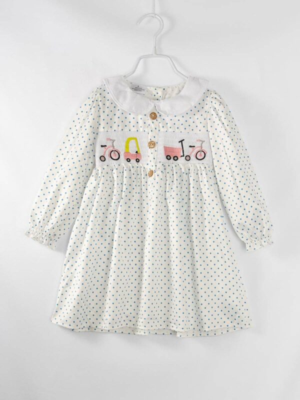 littleoneusa - Blue Polka dots Tricycle Toddler Girl Smocked Dress