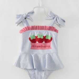 littleoneusa - Blue Stripe Strawberry Ruffle Girl One Piece Swimsuit