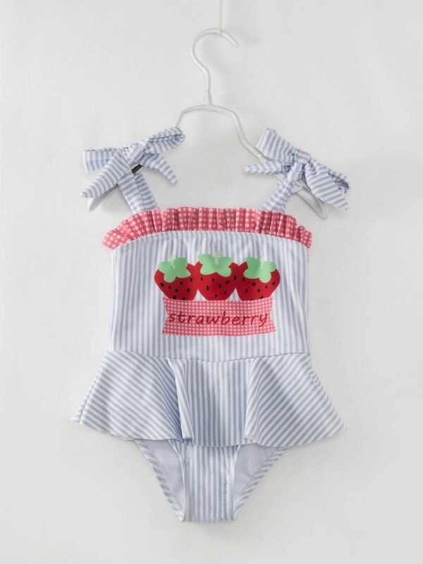 littleoneusa - Blue Stripe Strawberry Ruffle Girl One Piece Swimsuit