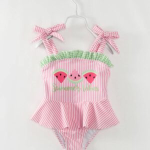 littleoneusa - Pink Stripe Watermelon Ruffle Girl One Piece Swimsuit