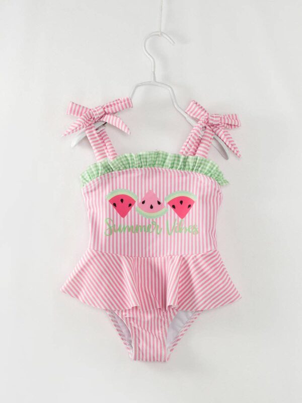 littleoneusa - Pink Stripe Watermelon Ruffle Girl One Piece Swimsuit