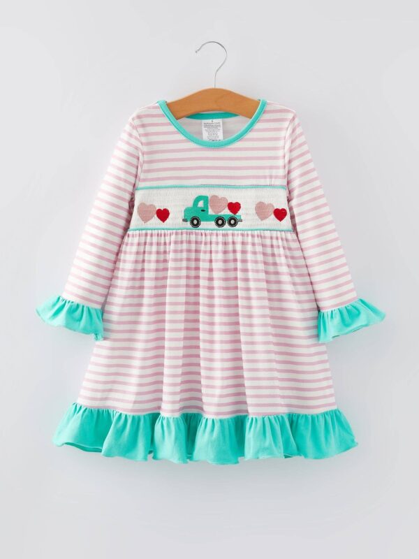 Rylee Faith Designs - Valentine's Day Ruffle Stripe Smocking Embroidered Dress