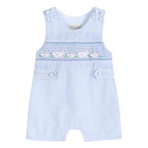 Lil Cactus - Blue Seersucker Bunnies Smocked Shortall