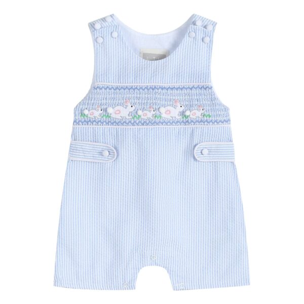 Lil Cactus - Blue Seersucker Bunnies Smocked Shortall