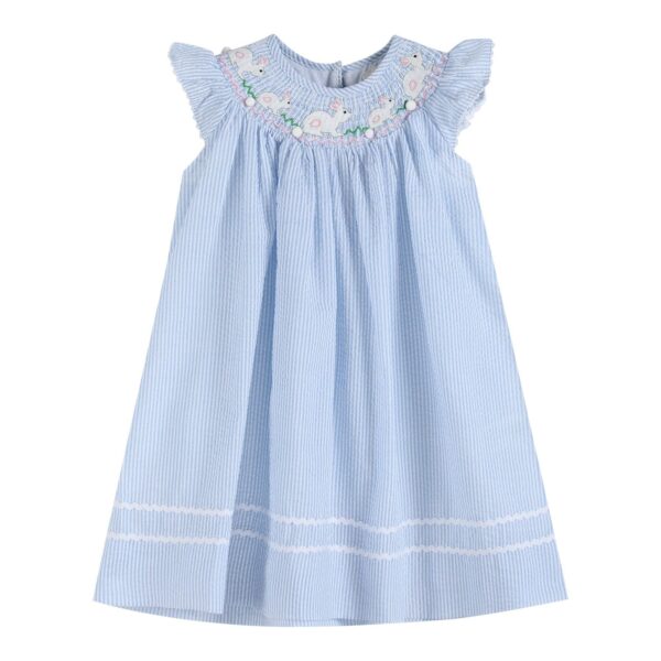 Lil Cactus - Blue Seersucker Easter Bunny Smocked Bishop Dress