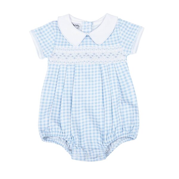 Magnolia Baby - Mini Checks Smocked Collared S/S Boy Bubble - Blue