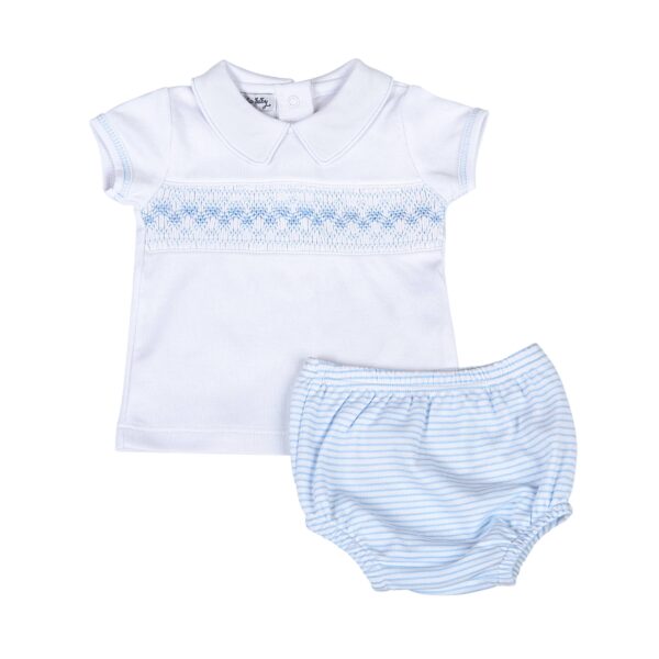 Magnolia Baby - Lilly and Logan Blue Smocked Collared S/S Diaper Cover Set