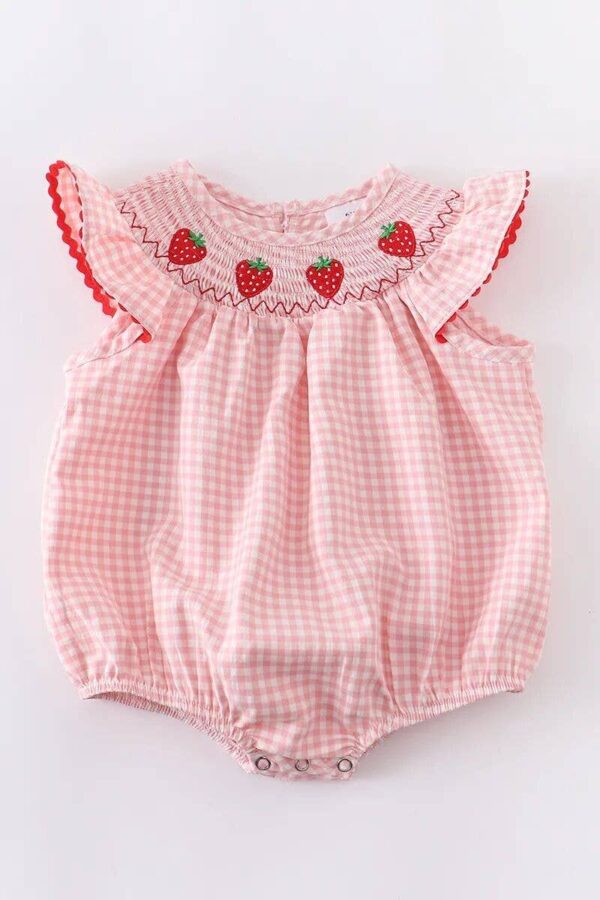 Little Trendy - Baby pink check smocked strawberry bubble romper jumpsuit