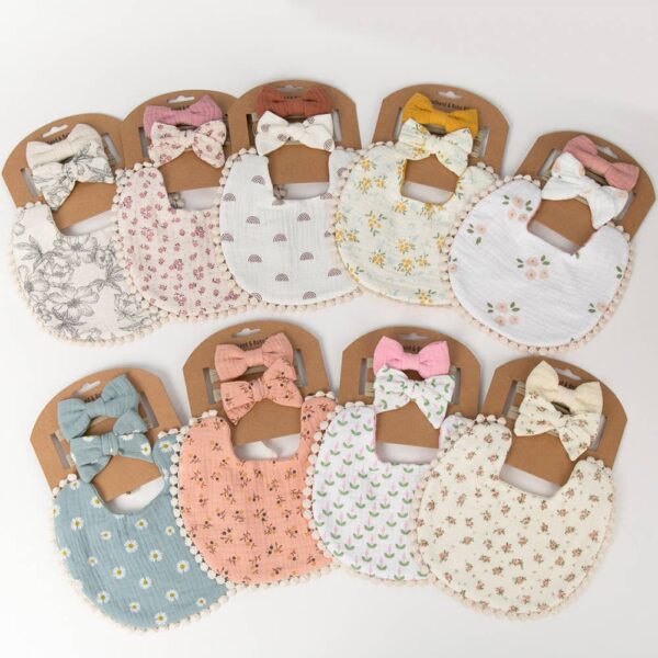 Little Trendy - Baby Floral cotton Waterproofer Bib and Bows headband Sets