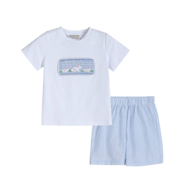 Lil Cactus - Blue Seersucker Bunnies Smocked Shirt and Boy Shorts Set