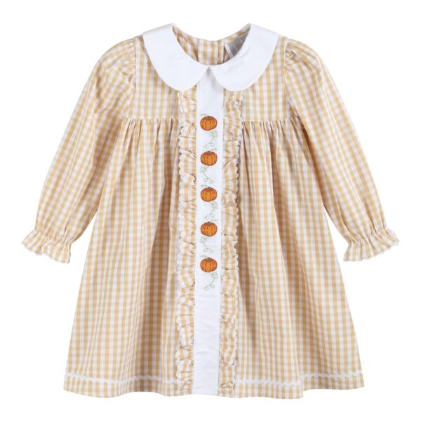 Lil Cactus - Light Brown Gingham Pumpkin Vine Ruffle Dress