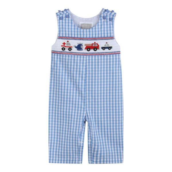 Lil Cactus - Blue Gingham Emergency Vehicles Smocked Overalls