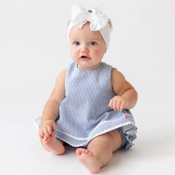RuffleButts + RuggedButts - Baby Girls Blue Seersucker Ric Rac Swing Top & Bloomer Set