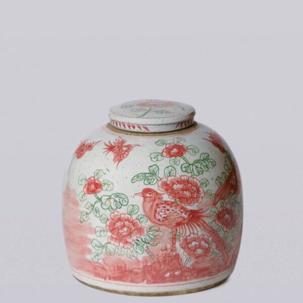 Cobalt Guild - Pink & Green Rustic Porcelain Bird & Flower Large Lidded Jar